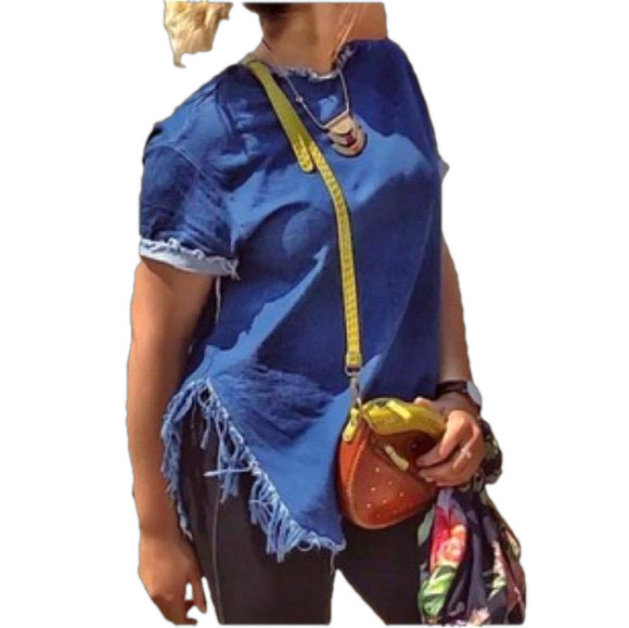 BDG by Urban Outfitters NWT Dark Blue Vintage Denim Raw Hem Boho Fringe Top - Picture 1 of 10